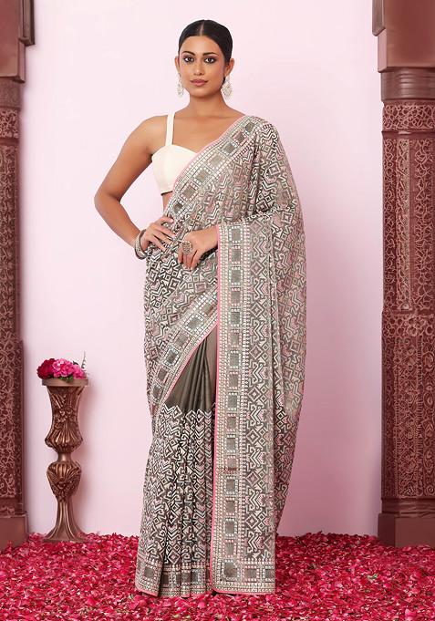 Grey Abstract Multicolour Thread Embroidered Organza Saree With Blouse