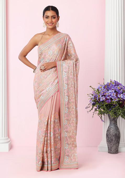 Blush Floral Multicolour Thread Embroidered Organza Saree With Blouse