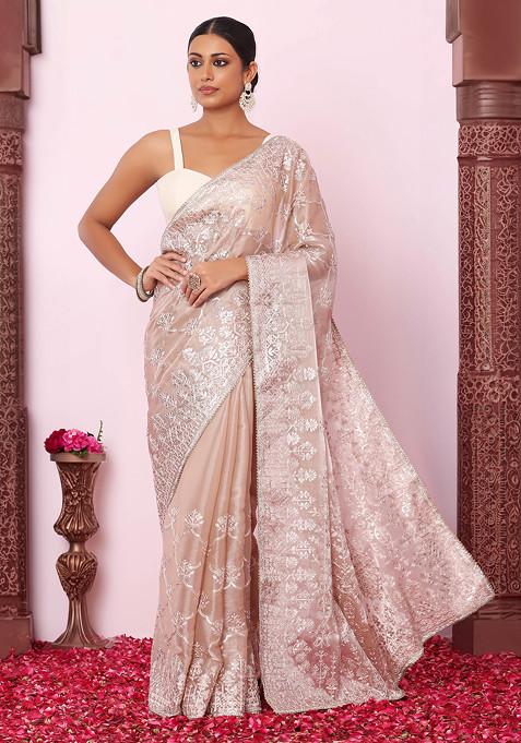 Blush Gota Patti Abstract Floral Embroidered Organza Saree With Blouse