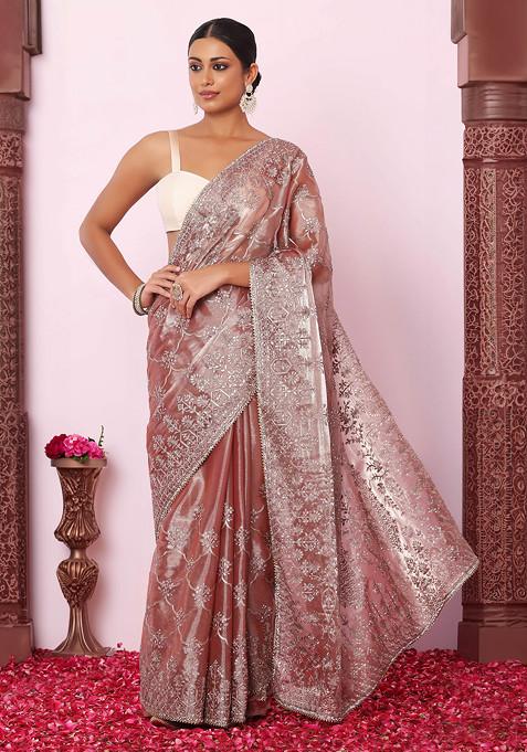 Rusty Rose Gota Patti Abstract Floral Embroidered Organza Saree With Blouse