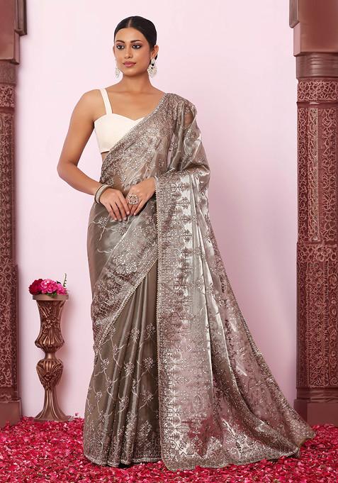 Grey Gota Patti Abstract Floral Embroidered Organza Saree With Blouse
