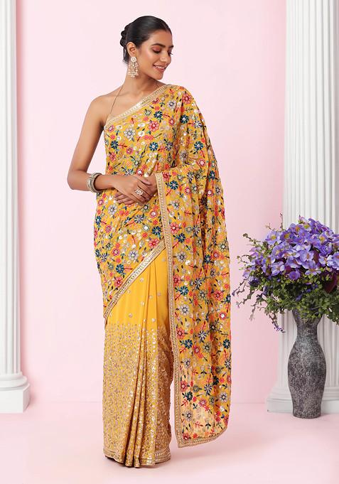 Mustard Tonal Multicolour Floral Embroidered Saree With Blouse