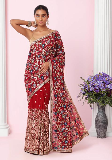 Maroon Tonal Multicolour Floral Embroidered Saree With Blouse