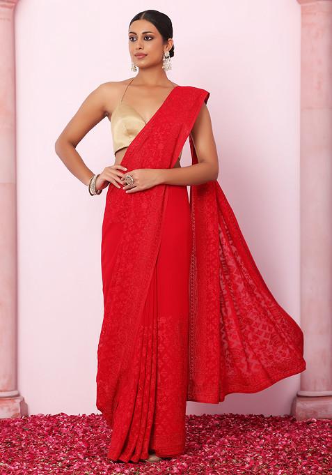 Red Geometric Thread Embroidered Saree With Blouse