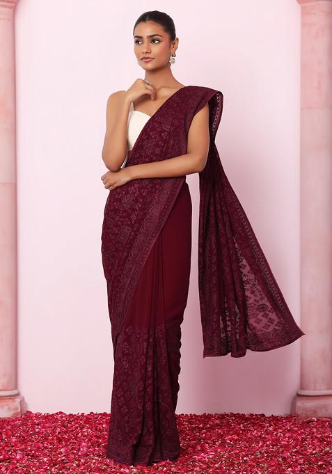 Wine Geometric Thread Embroidered Saree With Blouse