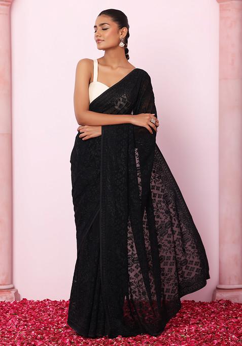 Black Geometric Thread Embroidered Saree With Blouse