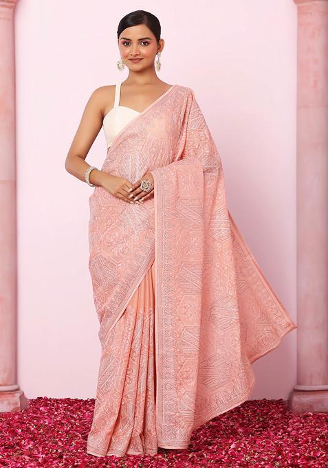 Peach Abstract Tonal Thread Embroidered Saree With Blouse