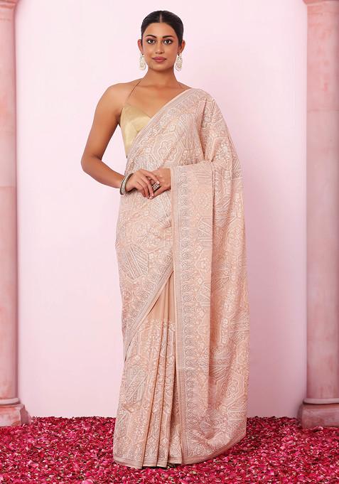 Blush Abstract Tonal Thread Embroidered Saree With Blouse
