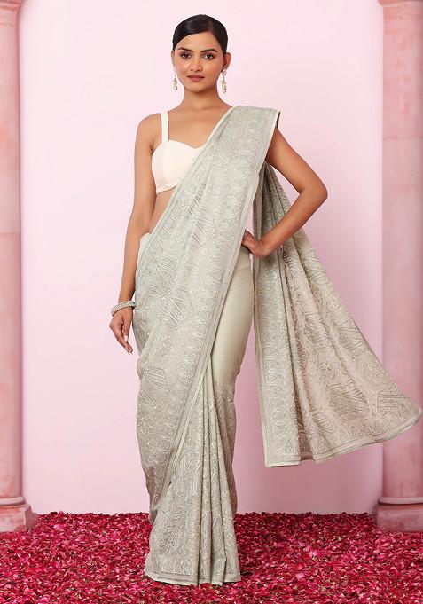 Sage Green Abstract Tonal Thread Embroidered Saree With Blouse
