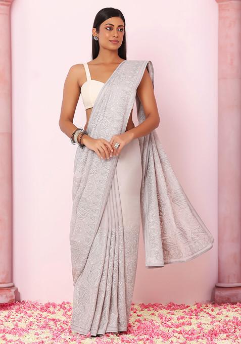 Grey Abstract Tonal Thread Embroidered Saree With Blouse