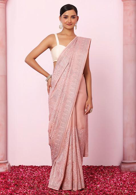 Pastel Pink Abstract Tonal Thread Embroidered Saree With Blouse