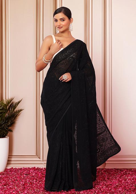 Black Tonal Thread Paisley Embroidered Saree With Blouse