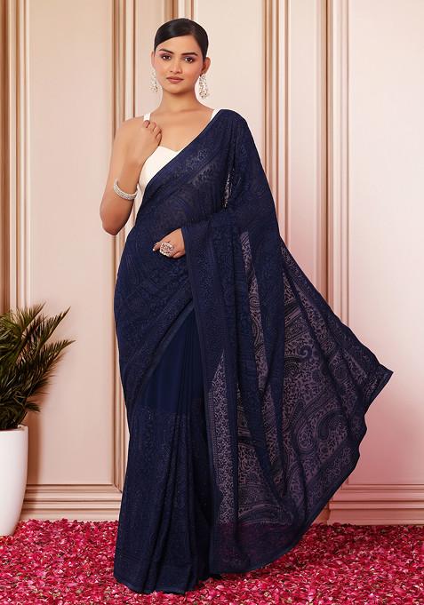 Navy Blue Tonal Thread Paisley Embroidered Saree With Blouse