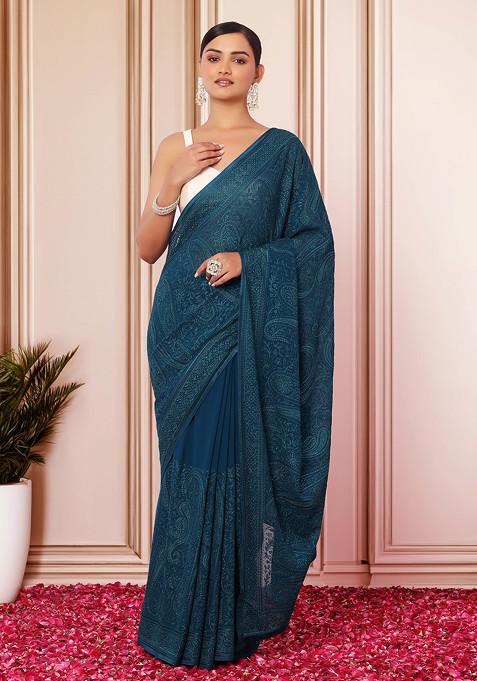 Teal Tonal Thread Paisley Embroidered Saree With Blouse