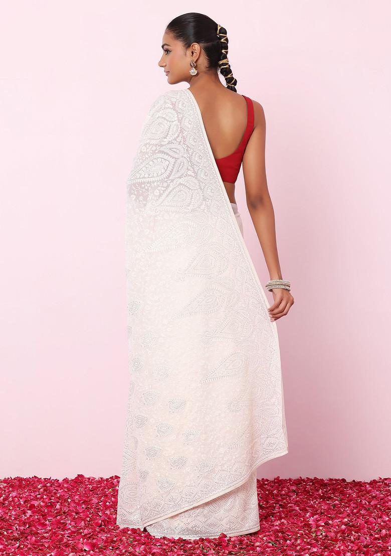 Buy Women Ivory Thread Embroidered Embellished Saree With Blouse