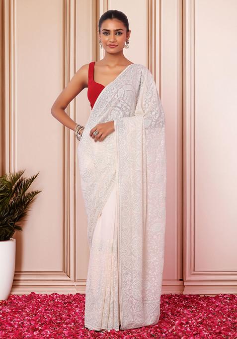 Ivory Thread Embroidered Embellished Saree With Blouse