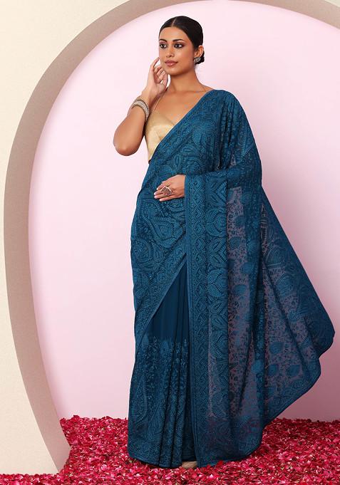 Turquoise Thread Embroidered Embellished Saree With Blouse