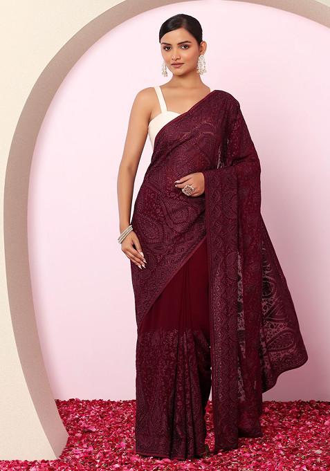 Purple Thread Embroidered Embellished Saree With Blouse