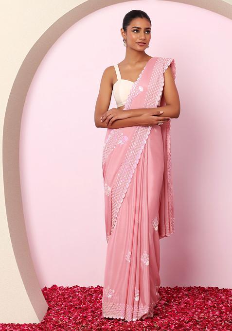 Blush Pink Hologram Sequin Boota Embroidered Saree With Blouse