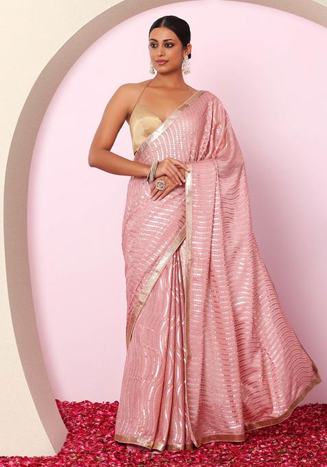 Dull Pink Tonal Sequin Thread Embroidered Saree With Blouse