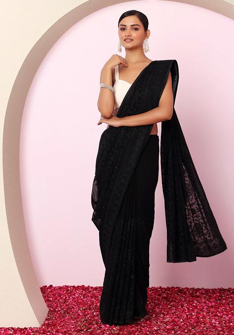 Black Floral Thread Embroidered Embellished Saree With Blouse