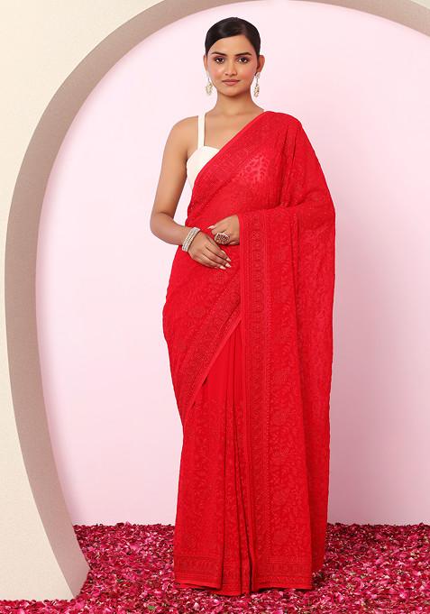 Red Floral Thread Embroidered Saree With Blouse