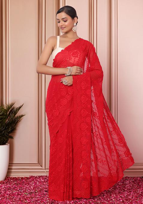 Red Tonal Thread Scallop Embroidered Saree With Blouse
