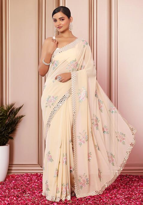 Beige Floral Mirror Embroidered Saree With Blouse