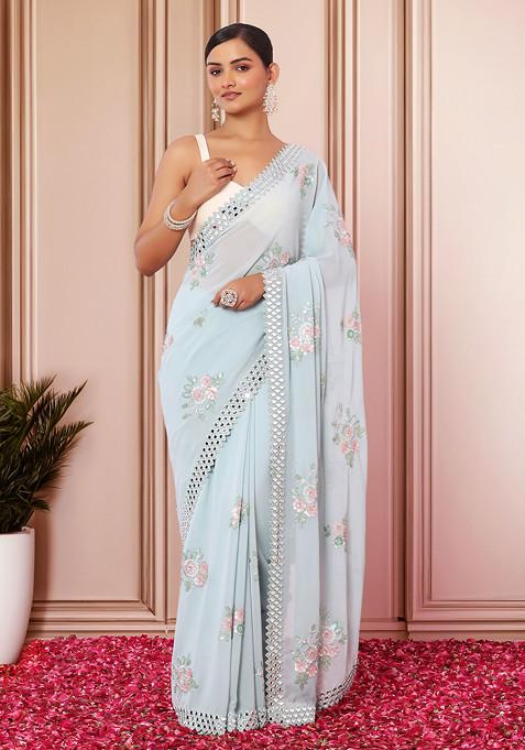 Sage Green Floral Mirror Embroidered Saree With Blouse