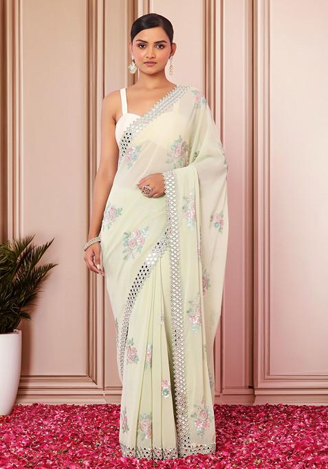 Seafoam Floral Mirror Embroidered Saree With Blouse
