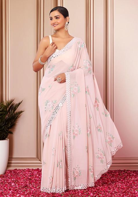 Pastel Pink Floral Mirror Embroidered Saree With Blouse