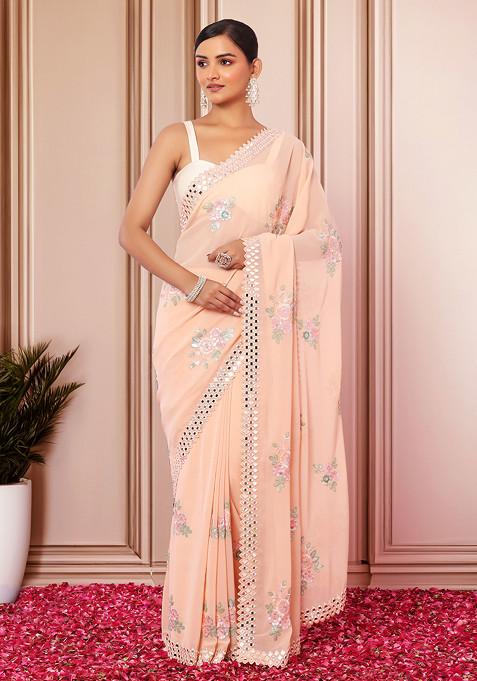 Peach Floral Mirror Embroidered Saree With Blouse