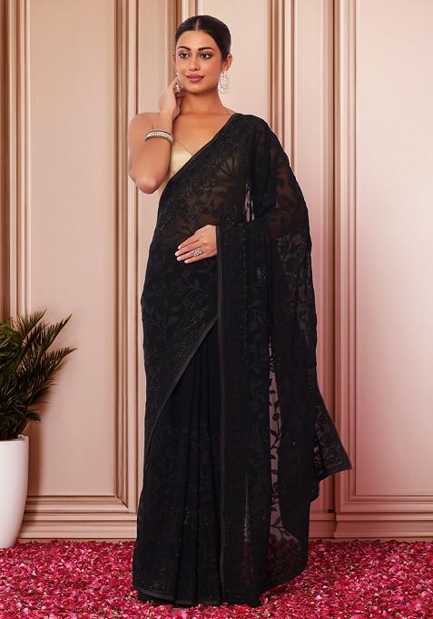 Black Thread And Swarovski Embroidered Saree With Blouse