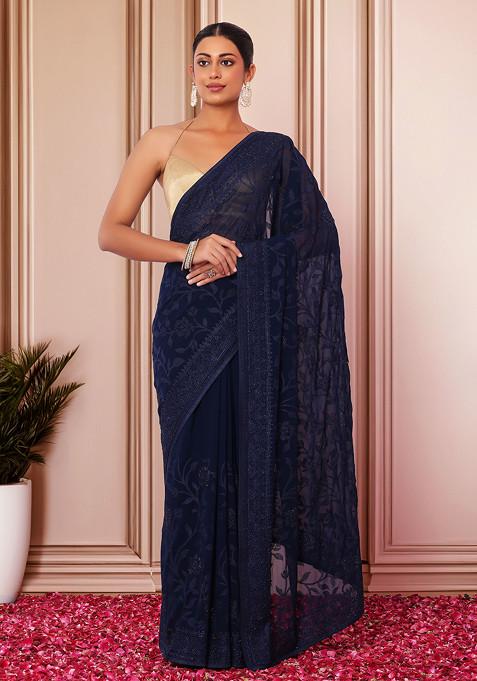 Navy Blue Thread And Swarovski Embroidered Saree With Blouse