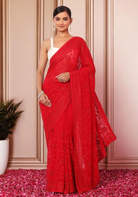 Red Thread And Swarovski Embroidered Saree With Blouse