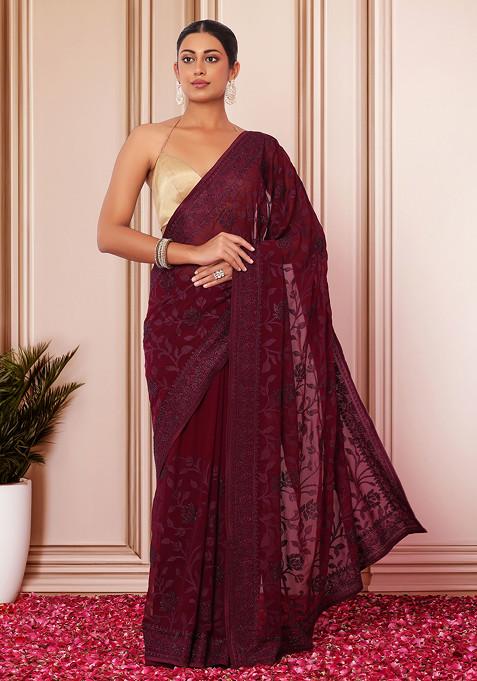 Dark Purple Thread And Swarovski Embroidered Saree With Blouse