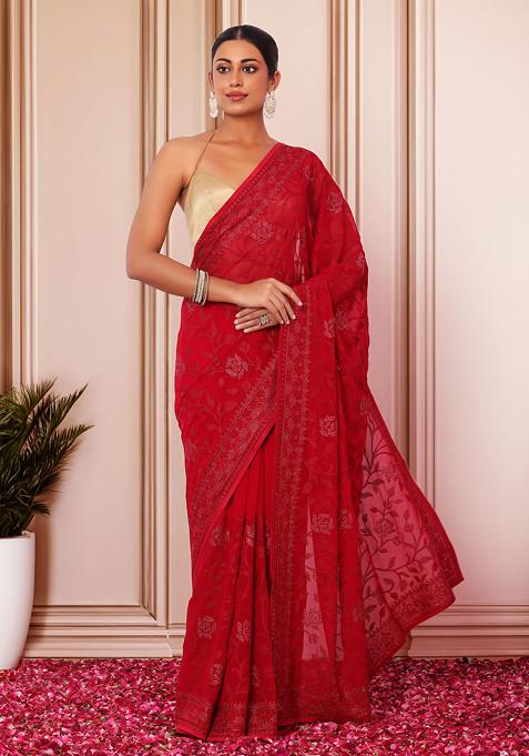 Berry Pink Floral Thread And Swarovski Embroidered Saree With Blouse
