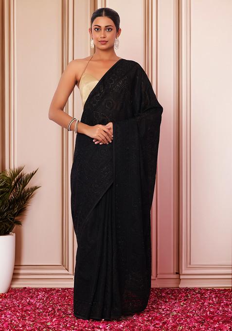 Black Tonal Thread And Swarovski Embroidered Saree With Blouse