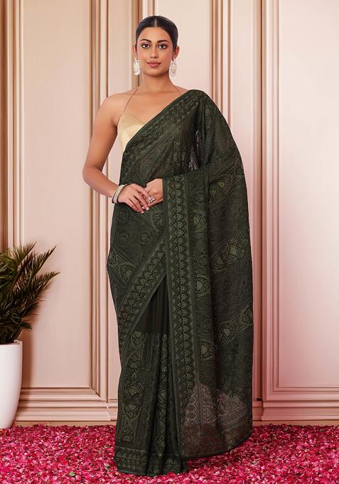 Deep Green Geometric Thread And Swarovski Embroidered Saree With Blouse