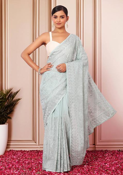Sage Green Geometric Thread And Swarovski Embroidered Saree With Blouse