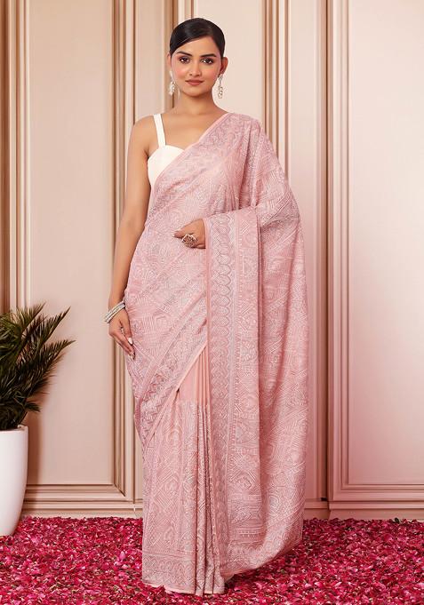 Blush Pink Geometric Thread And Swarovski Embroidered Saree With Blouse