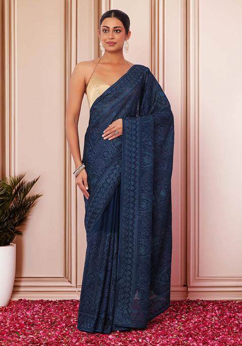 Teal Geometric Thread And Swarovski Embroidered Saree With Blouse
