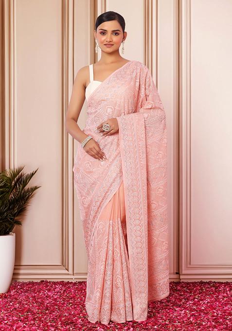 Light Pink Geometric Thread And Swarovski Embroidered Saree With Blouse