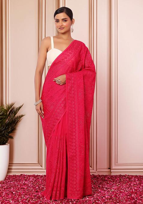 Berry Pink Geometric Thread And Swarovski Embroidered Saree With Blouse