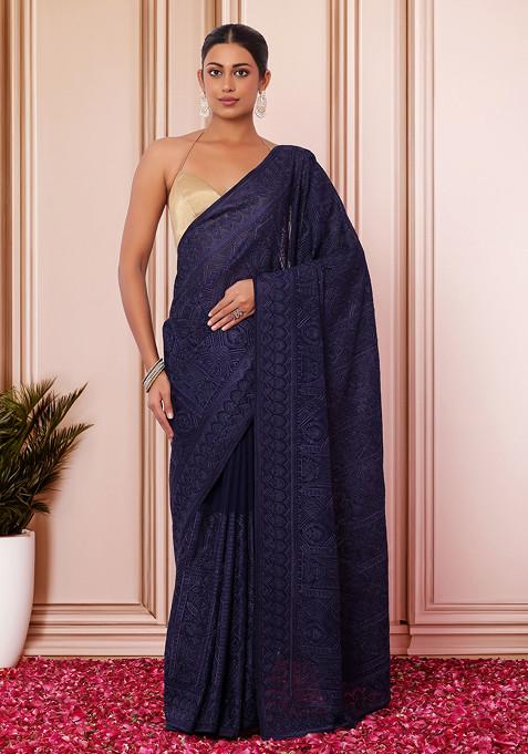 Blue Geometric Thread And Swarovski Embroidered Saree With Blouse