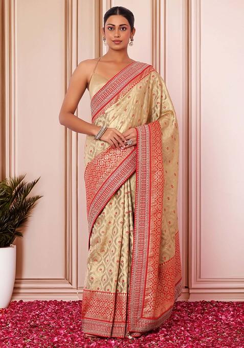 Red Embellished Floral Brocade Saree With Blouse