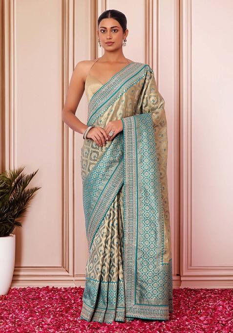 Peacock Green Embellished Floral Brocade Saree With Blouse