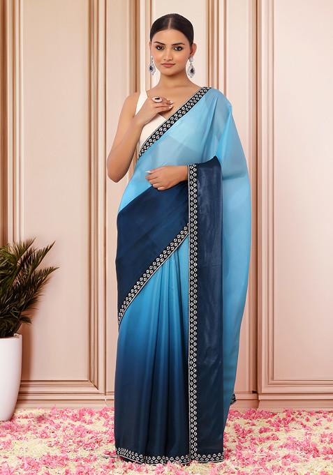 Teal Ombre Shimmer Organza Saree With Blouse
