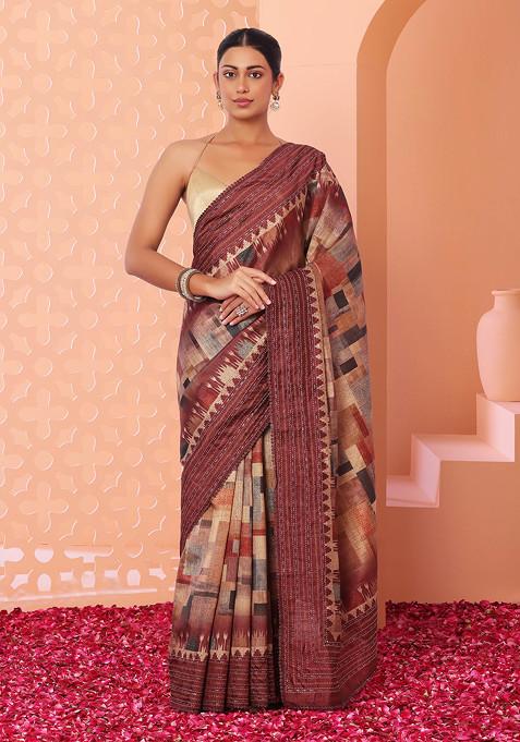Rusty Rose Abstract Digital Print Saree With Blouse
