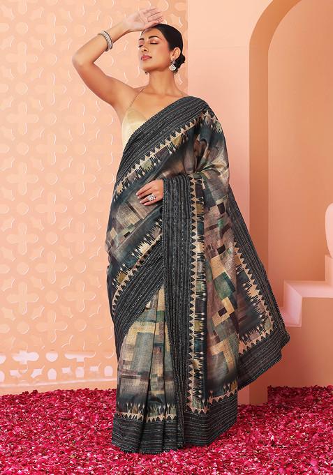 Green Abstract Digital Print Saree With Blouse